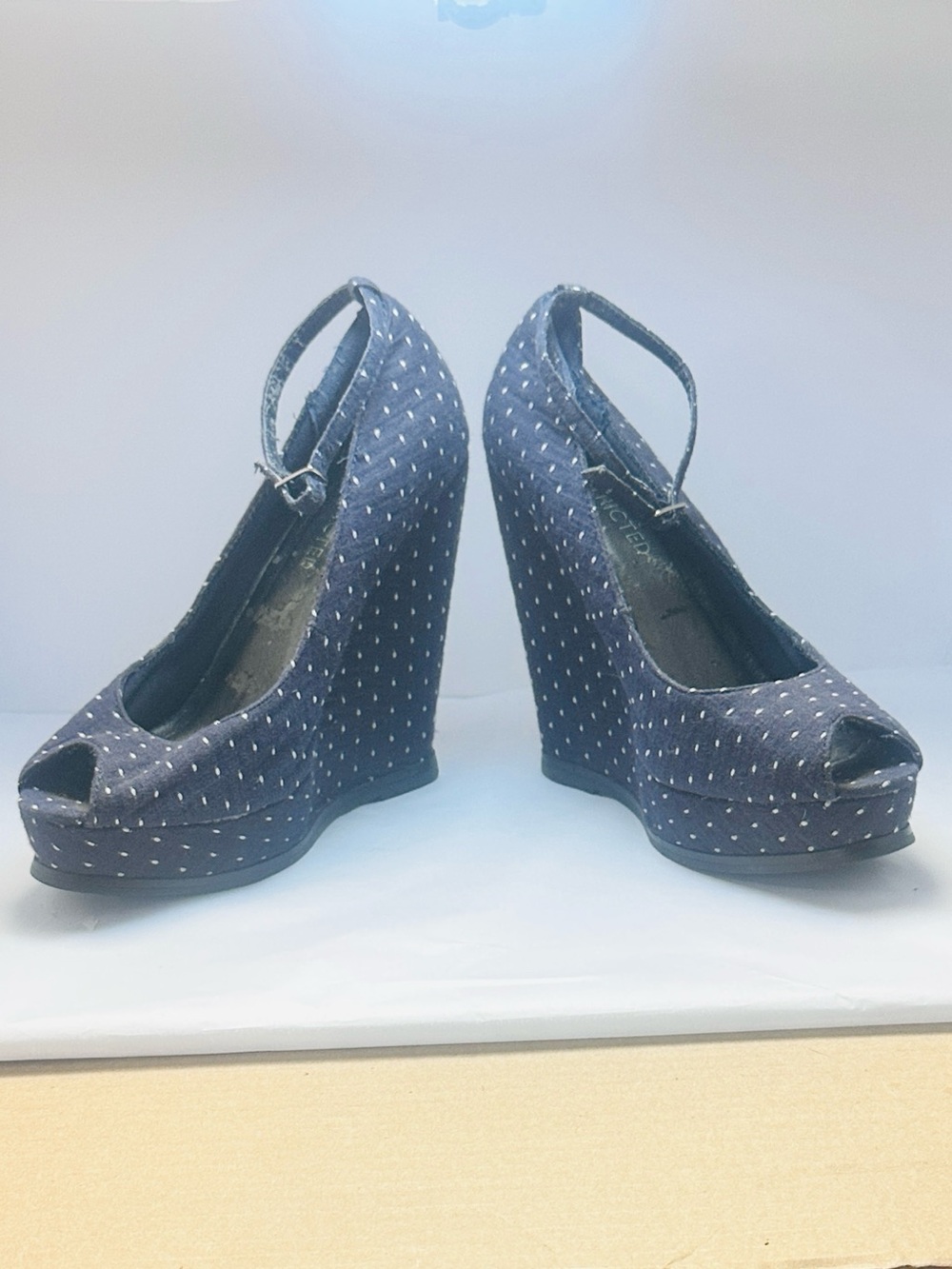 Restricted Navy Polka Dot Peep-Toe Wedge Heels with Ankle Strap